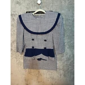 VTG Etoile Skirt Set Size 6 Navy Gingham Peplum Preppy Twee 80s 90s Heritage